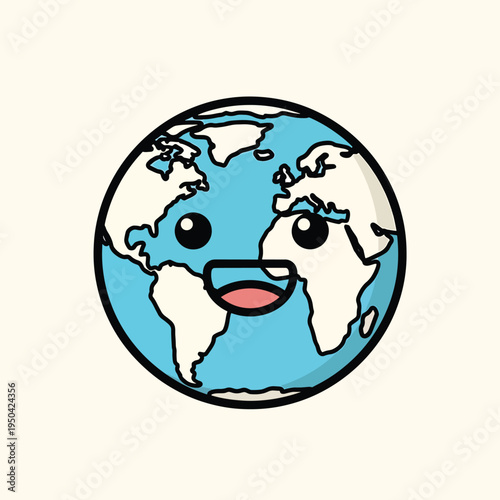 A cartoon Earth with eyes and a smiling mouth. The continents are cream, the oceans are blue, and the background is a cream color