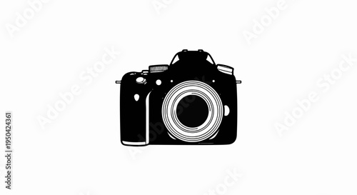 Black silhouette of a digital camera with a detailed lens