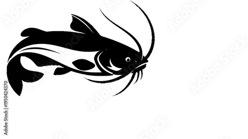 Black stylized catfish with long barbels and flowing fins on white background