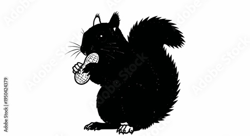 Black squirrel holding a peanut with a fluffy tail and paws