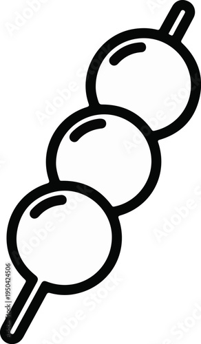 Black and white line art illustration of three spherical dumplings on a skewer