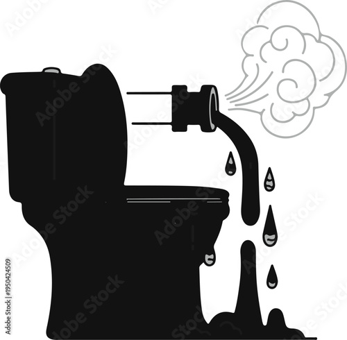 Black toilet spewing dark liquid and steam, dripping onto the floor