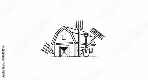 Black and white line art of a barn with agricultural tools