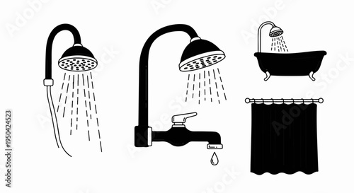 Black and white line art of a bathtub with shower, a showerhead with hose, and a faucet