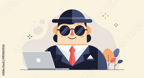 Business professional in hat and sunglasses works on laptop