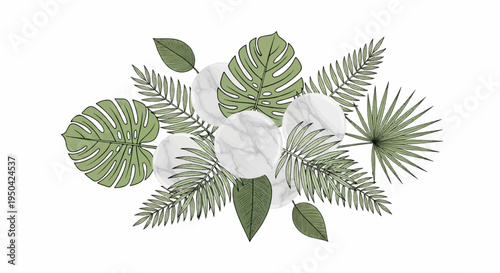 A stylized arrangement of lush green foliage and marble circles