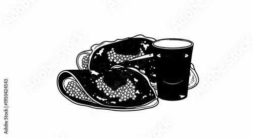 Black and white illustration of two filled crepes next to a glass of drink