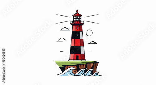 A striped lighthouse stands tall on a cliff overlooking wavy ocean waters