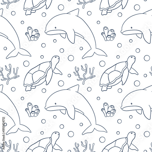 Seamless pattern of line art style dolphin, turtle, coral and bubble on a white background for ocean and marine themed design.