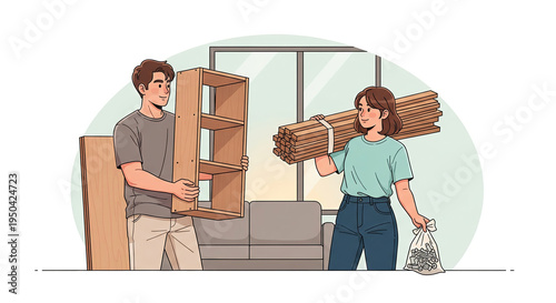 Couple carrying furniture and materials during home relocation