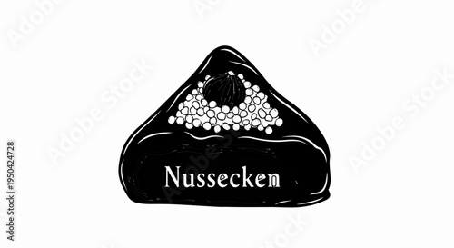 A stylized black and white drawing of a triangular pastry with nuts and white dots