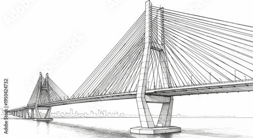 Detailed black and white sketch of a modern cable-stayed bridge spanning across water with a distant city skyline.