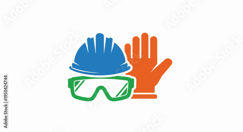 Blue hard hat, green goggles, orange glove, safety equipment icons