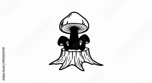 A stylized black and white drawing of three mushrooms growing on a tree stump
