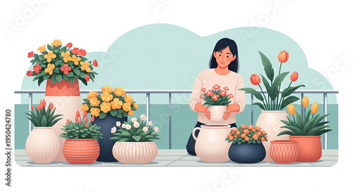 Young woman happily caring for potted plants on her sunny balcony