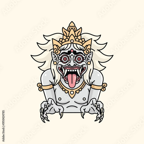 A cartoon depiction of a creature with white skin, gold accents, a crown, and sharp claws. The mouth is open, revealing a tongue