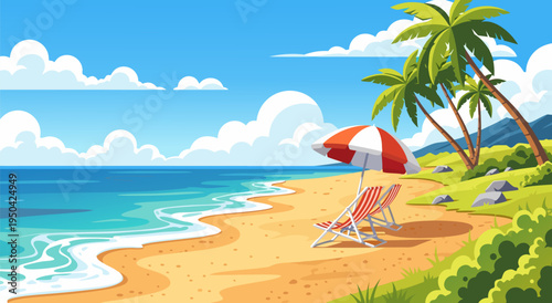 Beautiful tropical beach scene vector illustration with palm trees and lounge chairs, perfect for summer vacation and travel themes