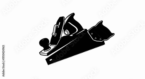 A stylized black and white illustration of woodworking tools