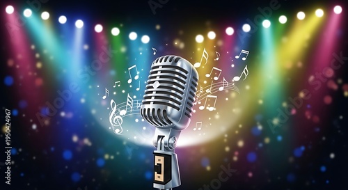 A silver vintage microphone on a stage with musical notes and colorful lights