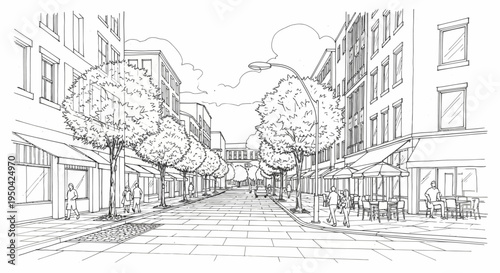 Detailed black and white sketch of a lively urban street with buildings, trees, and outdoor cafes.