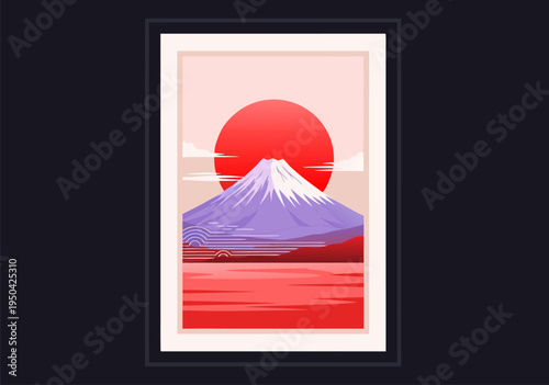 Stunning Vector Illustration of Mount Fuji at Sunrise, a Serene Japanese Landscape Design
