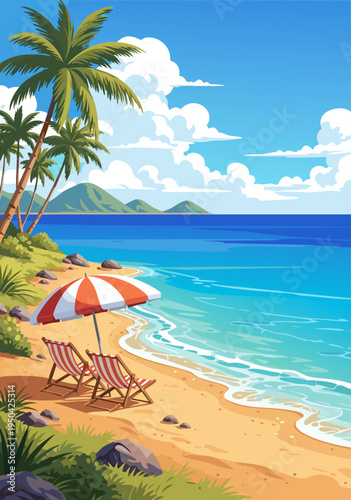 Tropical beach paradise illustration with palm trees, lounge chairs, and umbrella in a vibrant vector art style, evoking vacation and relaxation