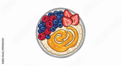 Bowl of oatmeal topped with berries and a swirl of honey