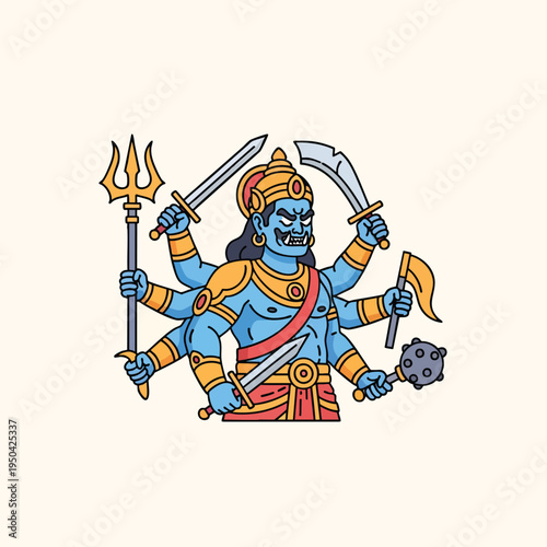 A cartoon depiction of a deity, with blue skin, many arms, and holding various weapons.  The figure wears a crown and is surrounded by an off-white background