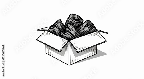 Box filled with rough, charcoal-like logs
