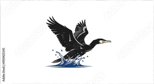 A stylized black bird with wings spread leaps from blue water