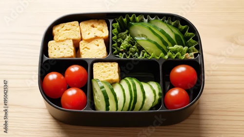 Healthy Japanese bento box with fresh vegetables and tamagoyaki being prepared on a wooden table for balanced diet concept and nutritious meal prep