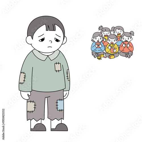Sad boy in patched clothes standing alone while others are playing  