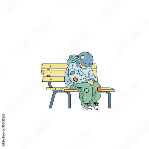 Young boy sitting alone on a park bench with head down  