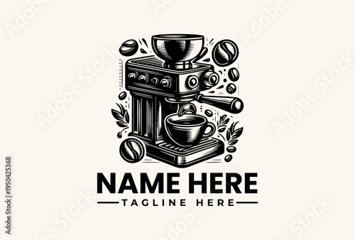 Black and white vector illustration of a coffee maker with coffee beans and a cup surrounded by leaves on a clean background with a logo and tagline placeholder.