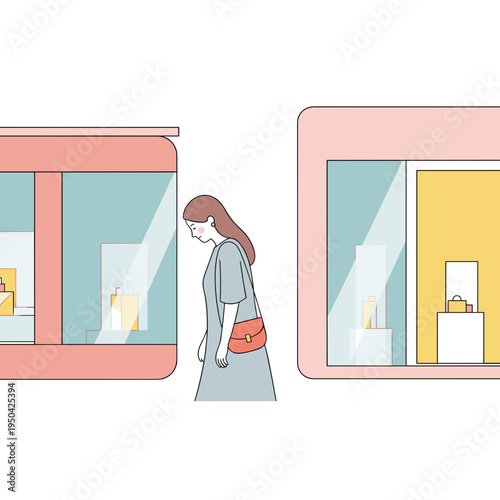 Young woman walking past store windows, exploring retail options. The female does not have enough money for purchases.
