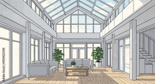 Bright living room with skylights, sofas, plants, and staircase