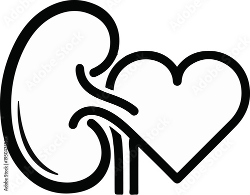 A stylized black outline of a kidney intertwined with a heart symbol
