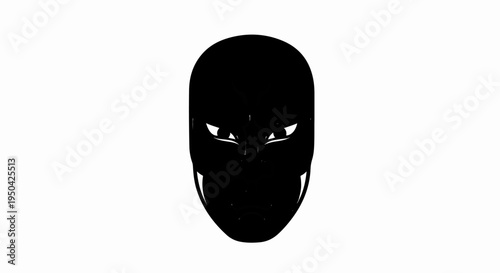 A stylized black mask with bright white, intense eyes