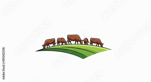 Brown cows grazing peacefully on a vibrant green, rolling hill
