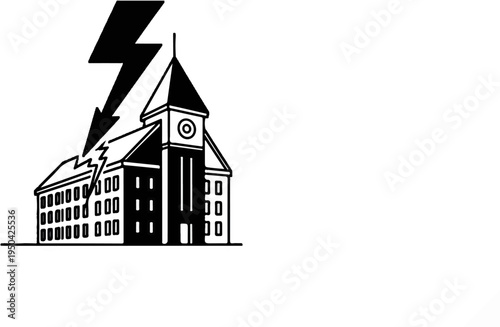 Building struck by lightning, clock tower, windows, and dark energy bolt