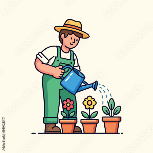 A cartoon gardener waters potted plants. The friendly character in a hat and overalls tends the blooms with a watering can, a cheerful scene