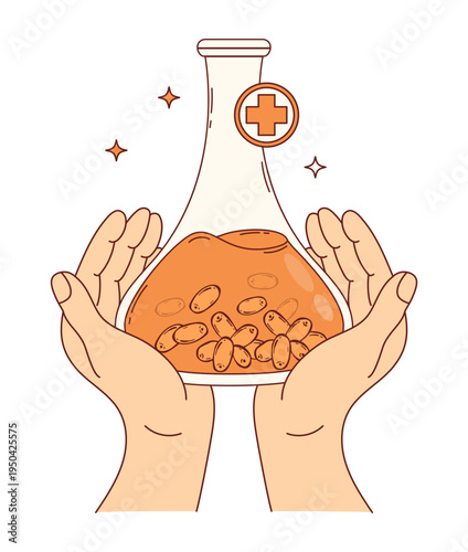 Organic Sea Buckthorn Extract. Human Hands with Laboratory Flask Orange Natural Botanical Berries for Cosmetic or Medicinal and Pharmacy Use. Natural Health Support. Vector Illustration