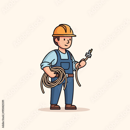 A cartoon electrician with a safety helmet is holding a coiled cable in one hand and a plug in the other. He is wearing blue overalls
