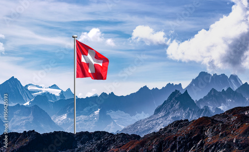 Swiss mountain panorama with Swiss national flag