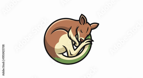 A stylized brown kangaroo curled up sleeping, cradled by a green ring