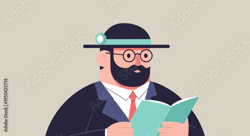 Bearded man in hat and glasses reads a book
