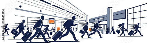 Business travelers rushing through a modern airport terminal with luggage