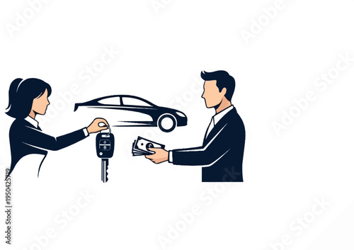 Business transaction Woman hands car keys to man holding cash, with car silhouette