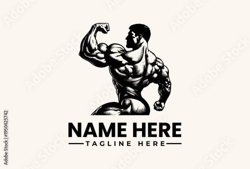 A muscular man flexing his arm in a dynamic illustration with a logo and placeholder text on a beige background, showcasing a vector-style pictogram.
