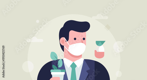Businessman in mask with plant and science beaker